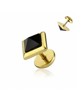 Piercing faux plug doré gemme noir pyramide