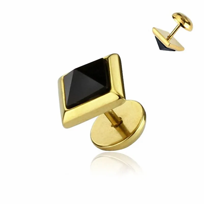 Piercing faux plug doré gemme noir pyramide