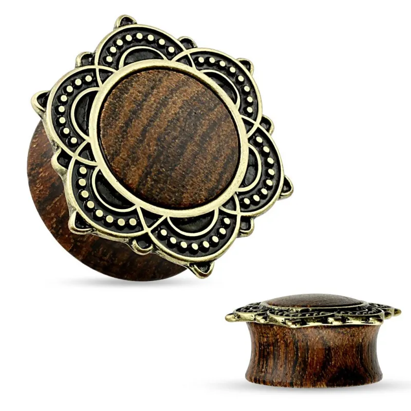 Piercing plug en bois de rose fleur de lotus tribal