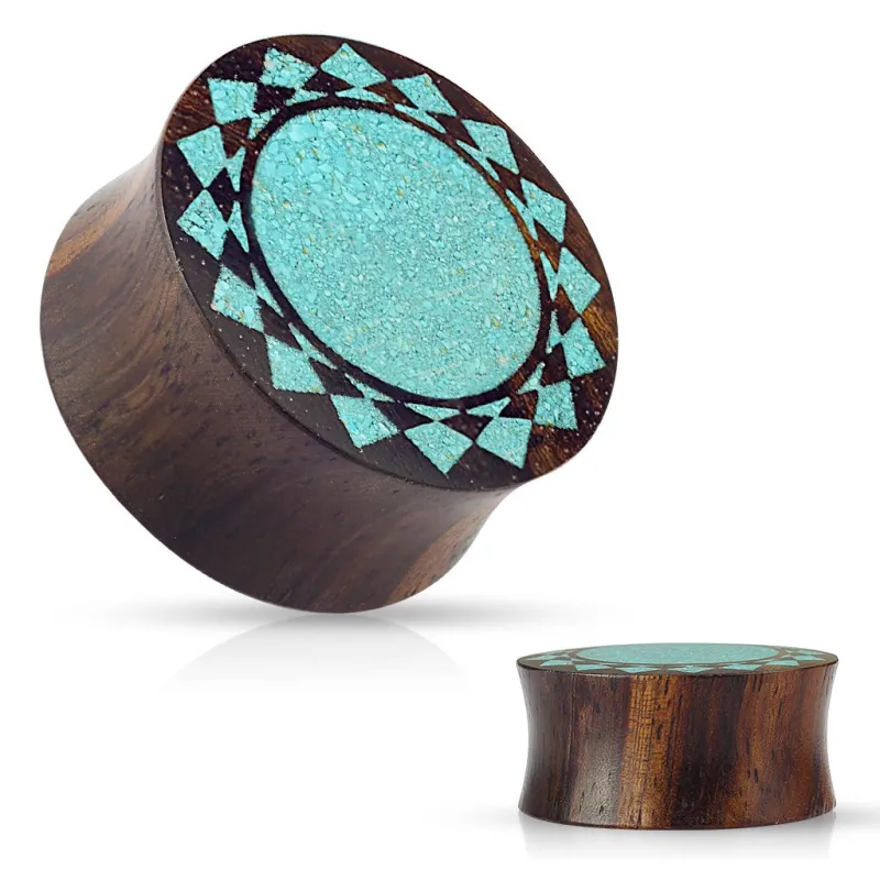 Piercing plug en bois de sono turquoise écrasée soleil tribal