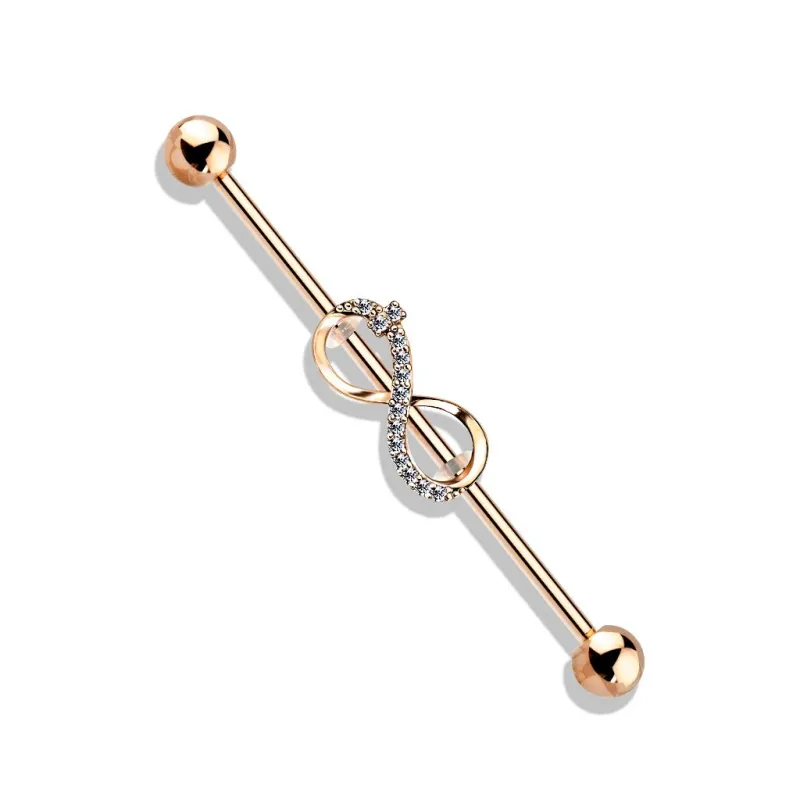 Piercing industriel oreille plaqué or rose symbole infini pavé de strass