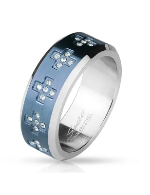 Bague homme acier centre bleu croix strass