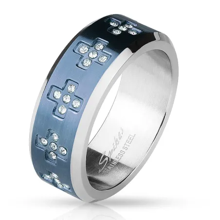 Bague homme acier centre bleu croix strass