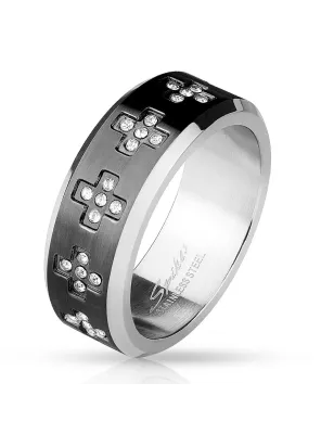 Bague homme acier centre noir croix strass