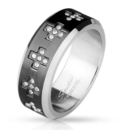 Bague homme acier centre noir croix strass