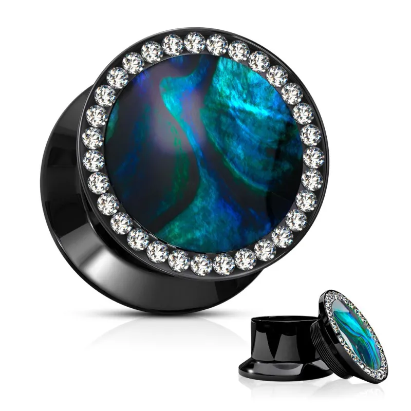 Piercing Plug Acrylique Noir Nacre Abalone Gemmes