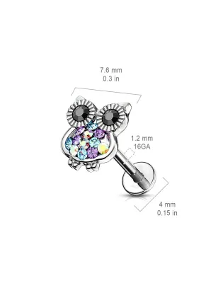 Piercing labret oreille hibou gemmes multicolores