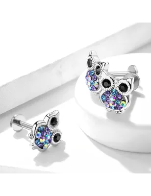 Piercing labret oreille hibou gemmes multicolores