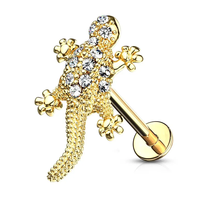 Piercing labret oreille plaqué or lézard pavé de strass