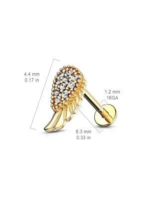 Piercing labret oreille plaqué or aile d'ange pavée de strass