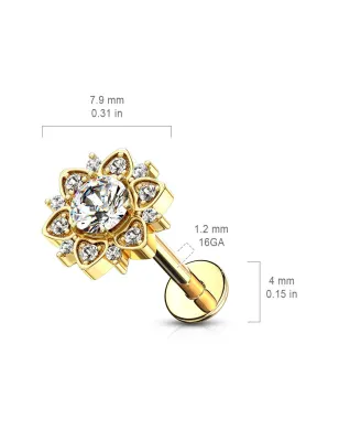 Piercing labret oreille plaqué or fleur pavée de strass