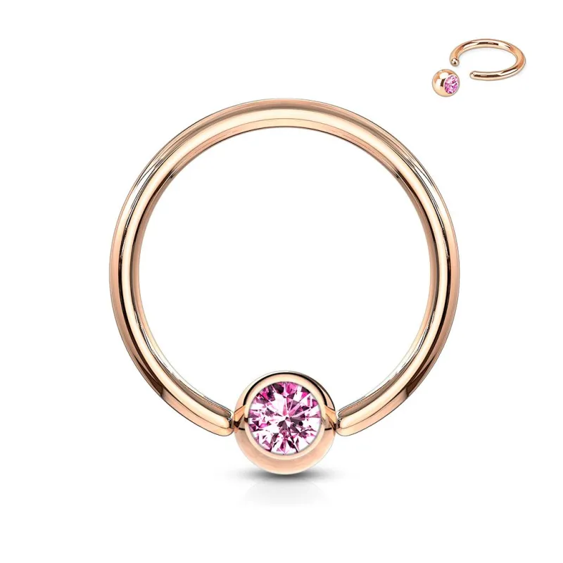 Piercing oreille anneau captif or rosé cristal rose