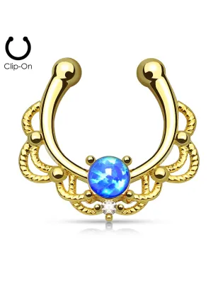 Faux piercing septum plaqué or opale bleue