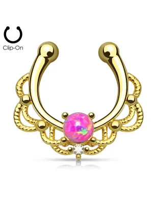 Faux piercing septum plaqué or opale rose