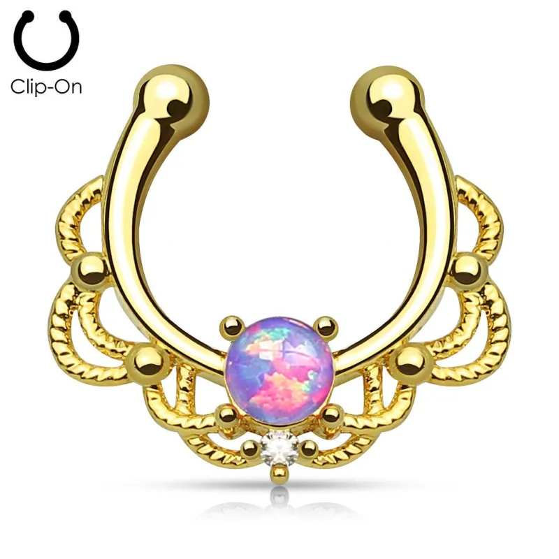 Faux piercing septum plaqué or opale violette