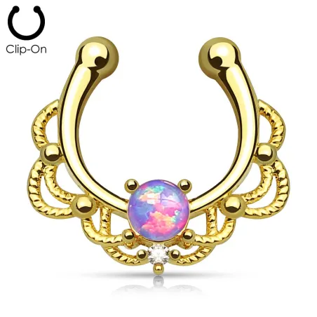 Faux piercing septum plaqué or opale violette