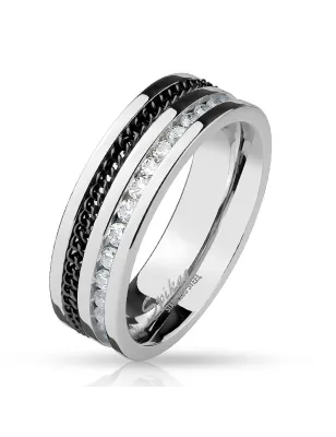 Bague homme éternité avec strass et chaine noire