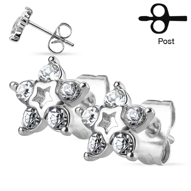 Paire Boucles d'oreille clous étoile argenté 5 strass