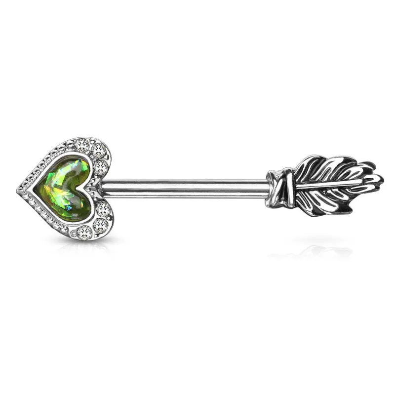 Piercing téton flèche coeur opale vert