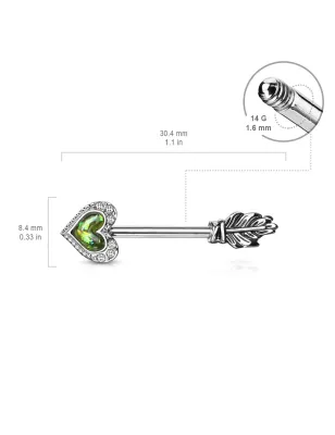 Piercing téton flèche coeur opale vert