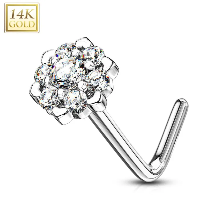 Piercing nez Or blanc 14 carats fleur sept gemmes blanc