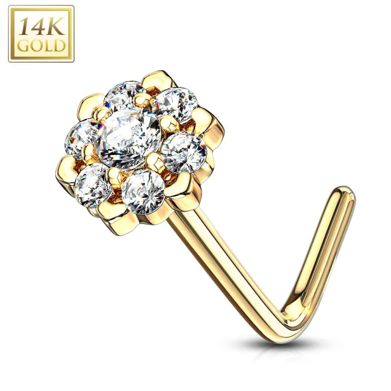 Piercing nez Or jaune 14 carats fleur sept gemmes blanc