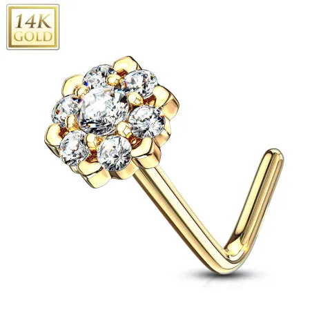 Piercing nez Or jaune 14 carats fleur sept gemmes blanc