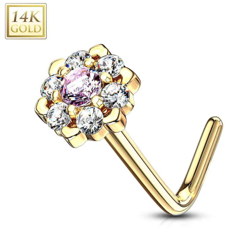 Piercing nez Or jaune 14 carats fleur sept gemmes blanc et rose