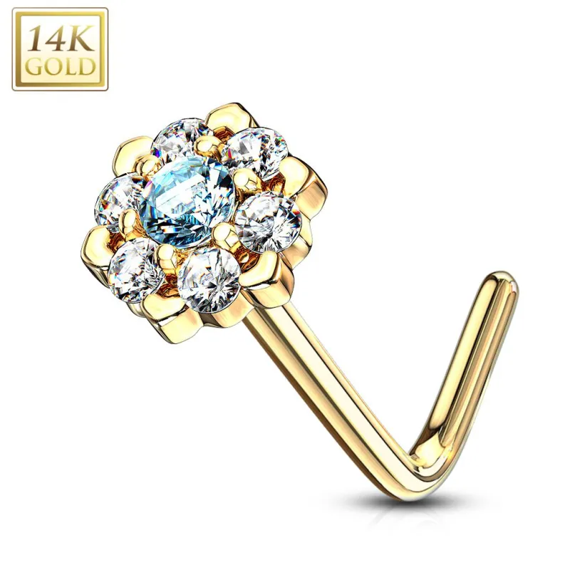 Piercing nez Or jaune 14 carats fleur sept gemmes blanc et turquoise