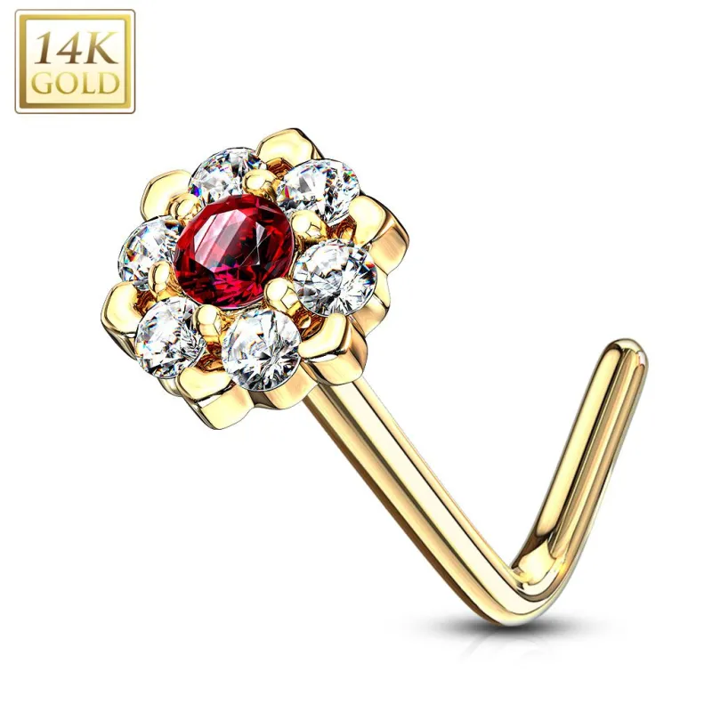 Piercing nez Or jaune 14 carats fleur sept gemmes blanc et rouge