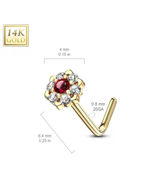 Piercing nez Or jaune 14 carats fleur sept gemmes blanc et rouge