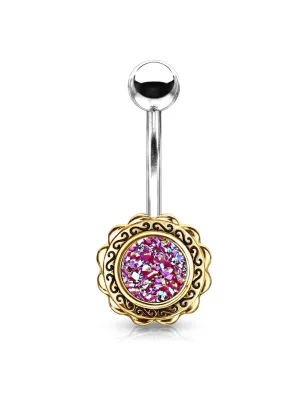 Piercing nombril fleur dorée druse rose