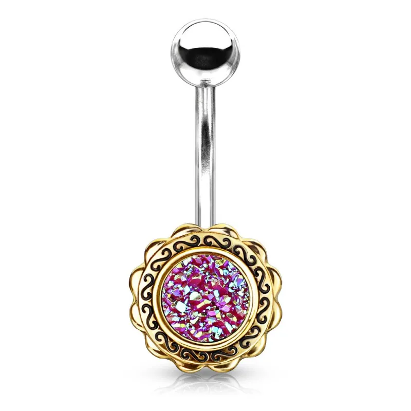 Piercing nombril fleur dorée druse rose