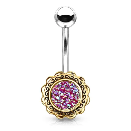 Piercing nombril fleur dorée druse rose