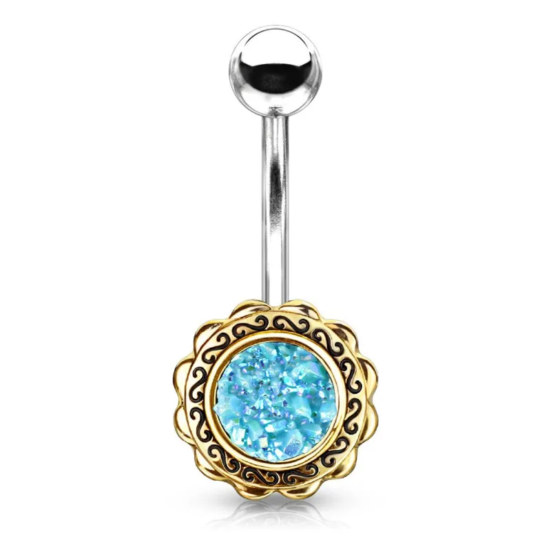 Piercing nombril fleur dorée druse turquoise