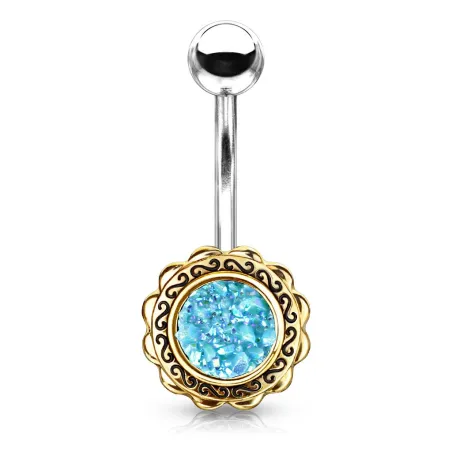 Piercing nombril fleur dorée druse turquoise