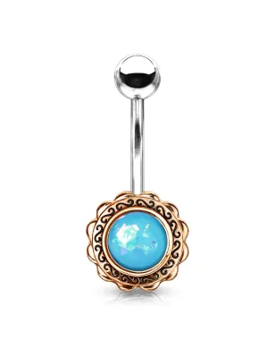 Piercing nombril fleur rosée opaline turquoise