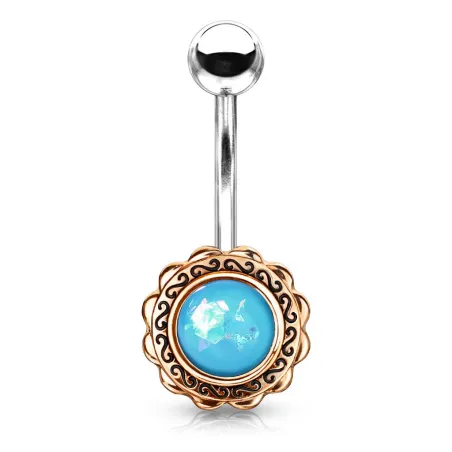 Piercing nombril fleur rosée opaline turquoise