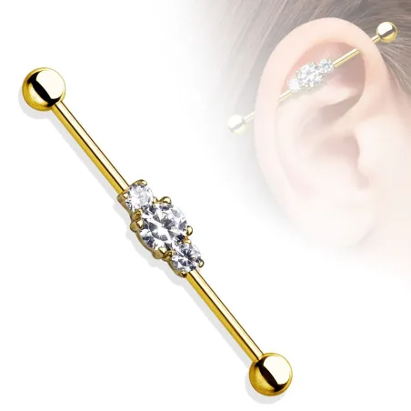 Piercing industriel trois pierres acier chirurgical doré