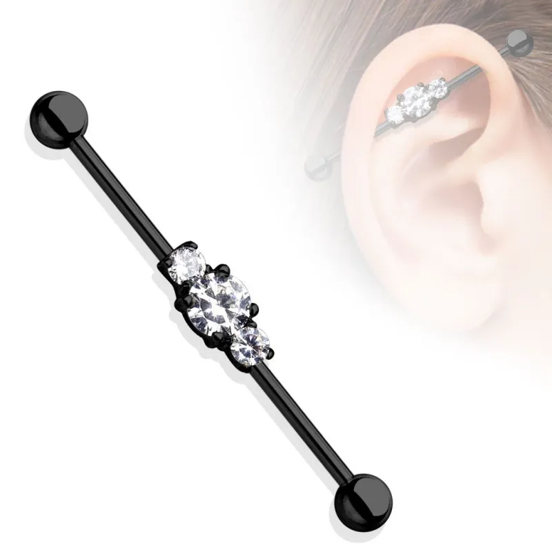 Piercing industriel oreille trois pierres acier chirurgical noir