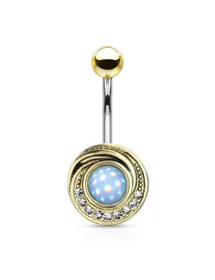 Piercing nombril tourbillon tribal doré pierre lumineuse turquoise