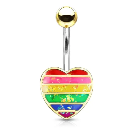 Piercing nombril coeur doré opale arc-en-ciel