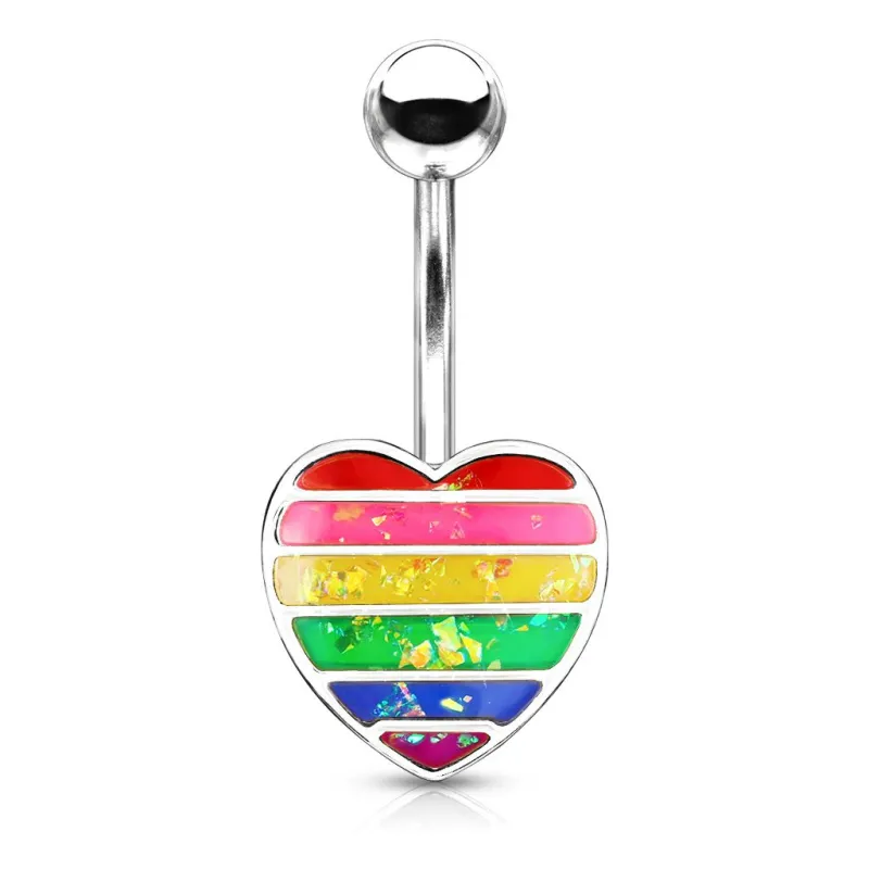 Piercing nombril coeur argenté opale arc-en-ciel