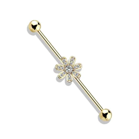 Piercing industriel oreille plaqué or fleur 7 pétales pavée de strass