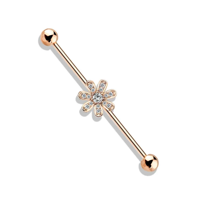 Piercing industriel oreille plaqué or rose fleur 7 pétales pavée de strass