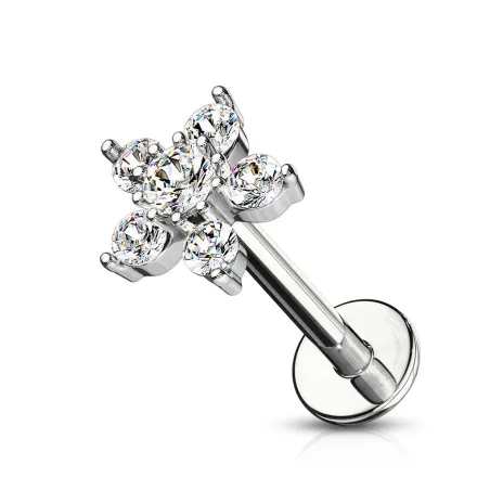 Piercing labret oreille fleur pavée de 6 strass blanc