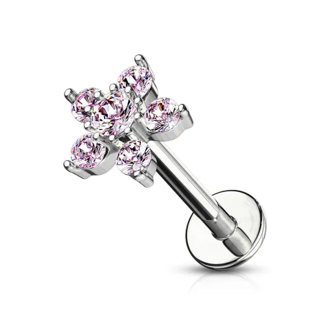 Piercing labret oreille fleur pavée de 6 strass rose