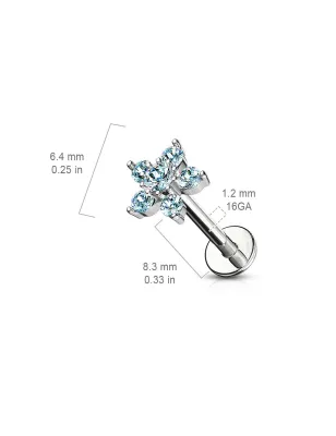 Piercing labret oreille fleur pavée de 6 strass turquoise