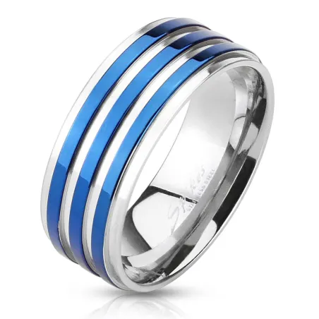 Bague homme acier trois lignes bleues