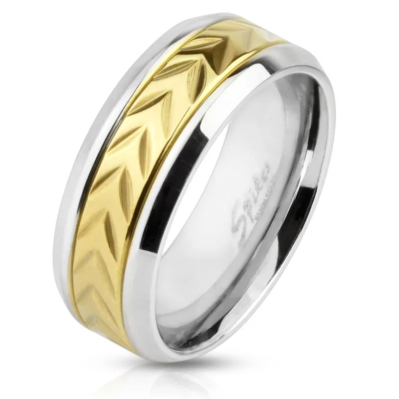 Bague homme acier motif chevron doré